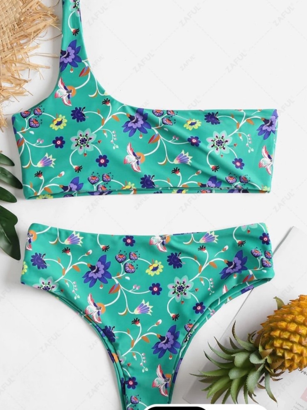 Zaful  Floral One-Shoulder Green Women's Bikini Set
